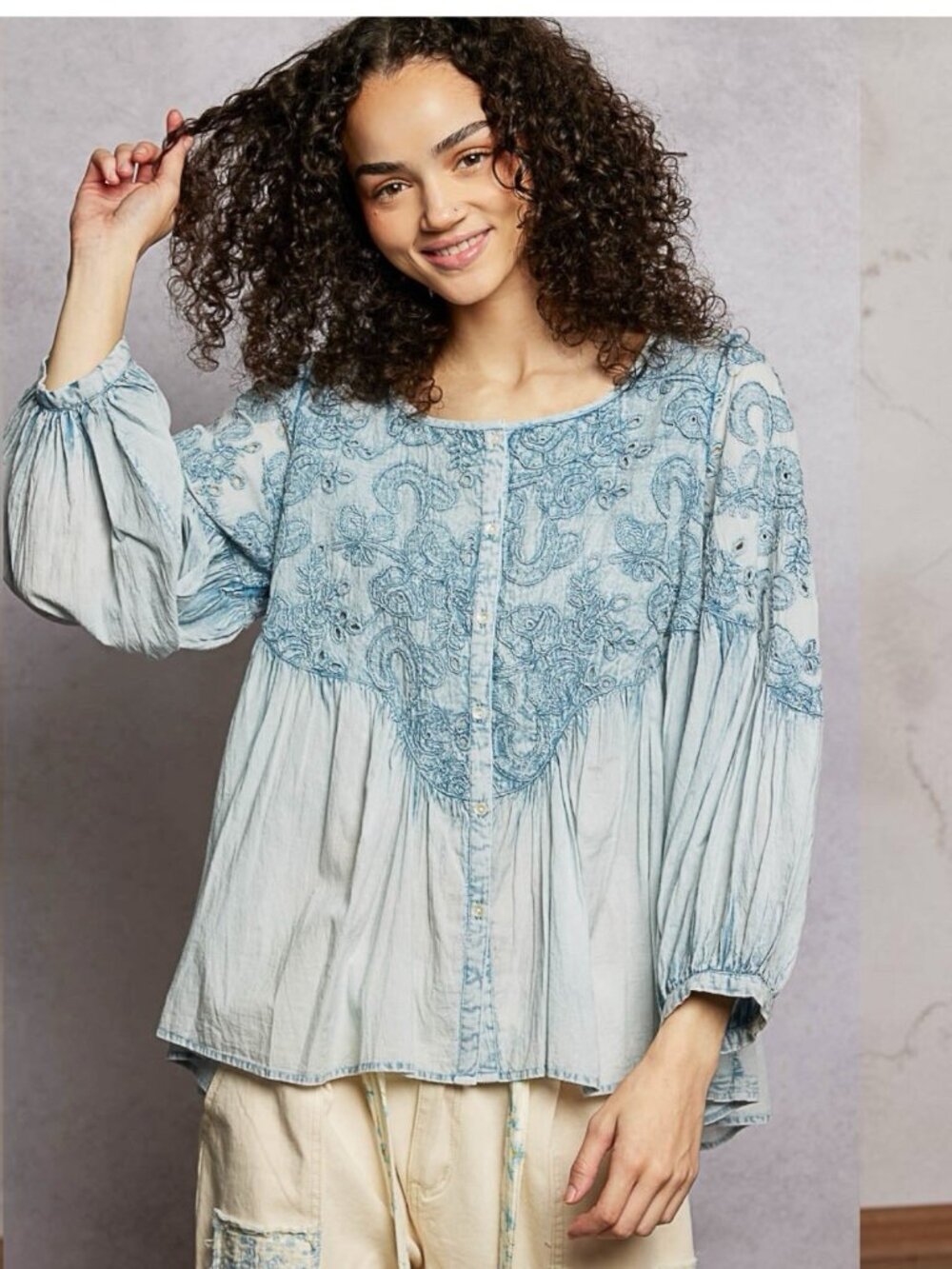 POL Bohemian Blouse Intricate Embroidery Wash Denim Blue 100%Cotton Size S M L